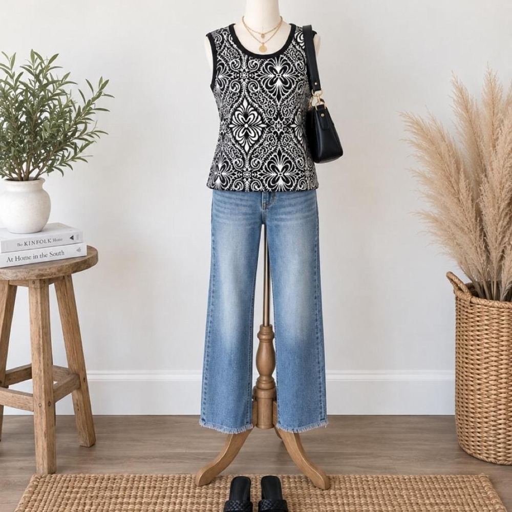 Nicaya Black & Ivory Printed Sleeveless Top – Size XL